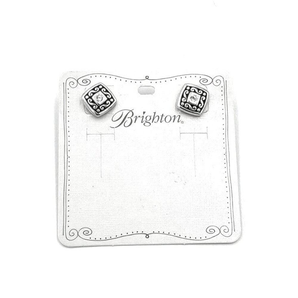 Brighton Silver Tone Square Scrollwork Crystal Stud Earrings Post Back